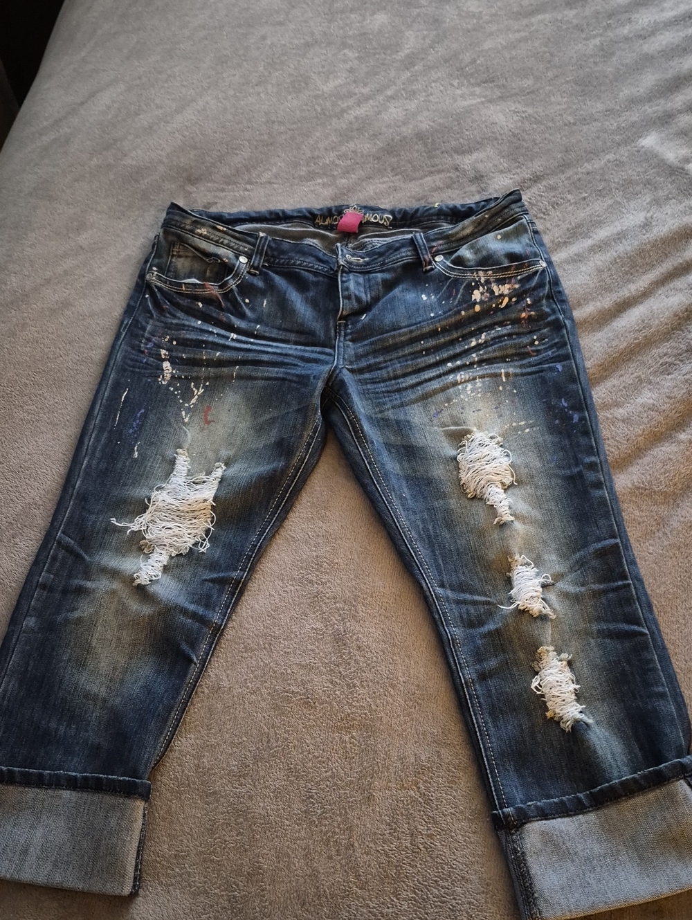 Almost Famous Distressed Dark Blue Cropped Paint-Splatter Jeans